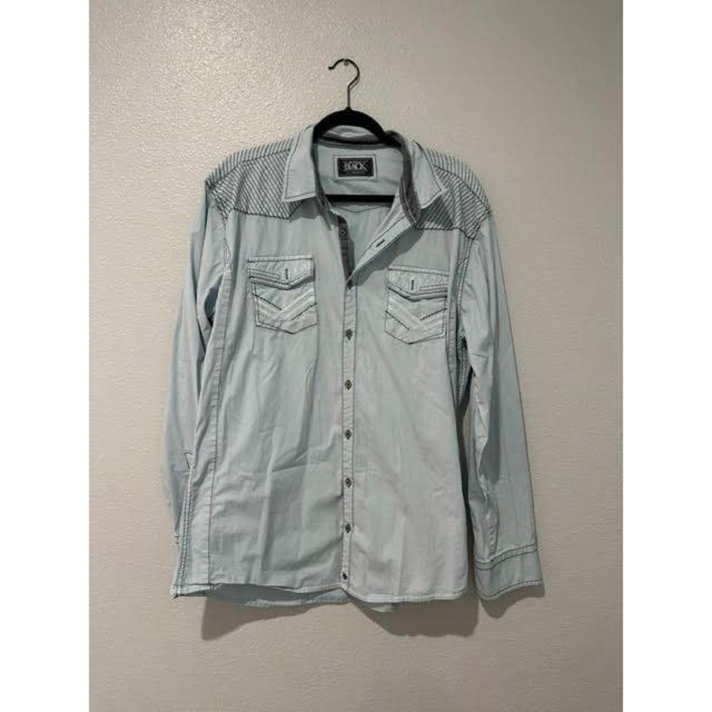 Buckle Black Mens XL Athletic Fit Western Button Down Shirt Light Blue Striped
